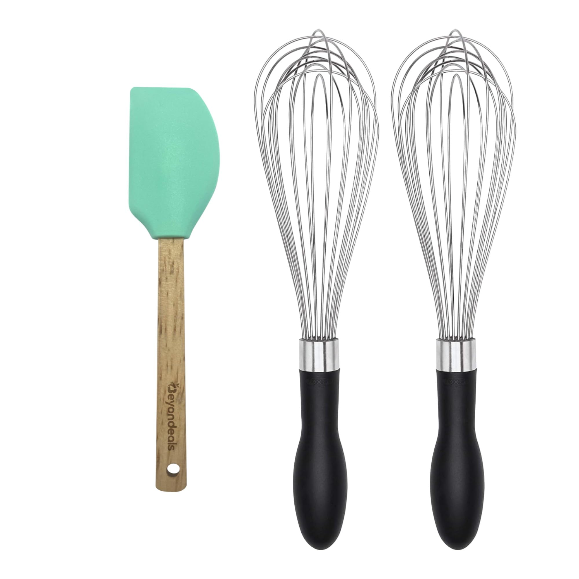 Good Grips 11-Inch Balloon Whisk, 1 lb, Stainless Steel Kitchen Whisks for Cooking, Bundle with Beyondeals Silicone Spatula, Non-Slip Handle, Ergonomic Design, Dishwasher Usable [Pack of 2]