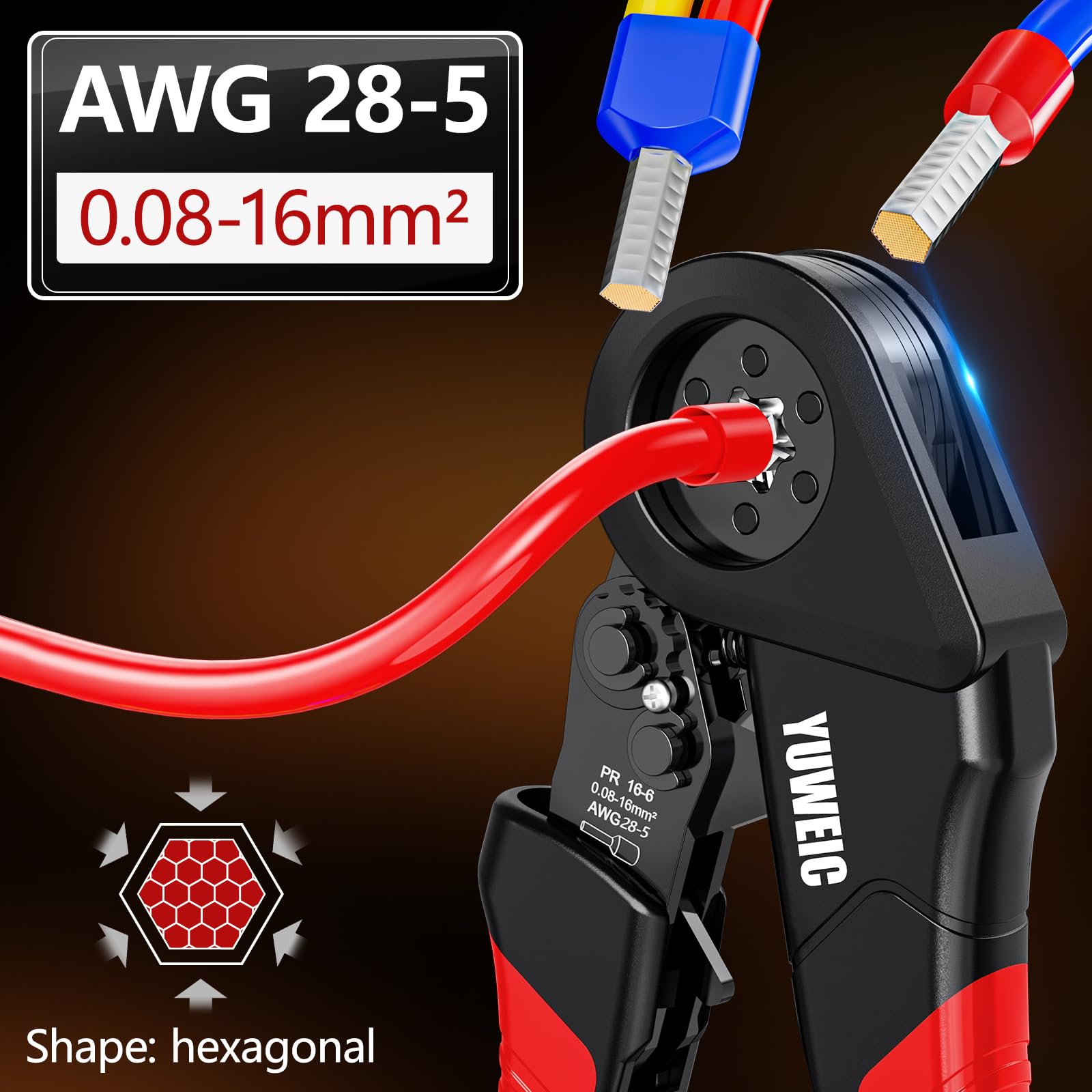 Hex-Crimpzange – Ratschen-Werkzeug für isolierte & nicht isolierte Kabel, 28–6 AWG (0,08–16 mm²), ergonomischer selbstjustierender Griff, inklusive 950 Einzel- und 350 Doppelkabelschuhe