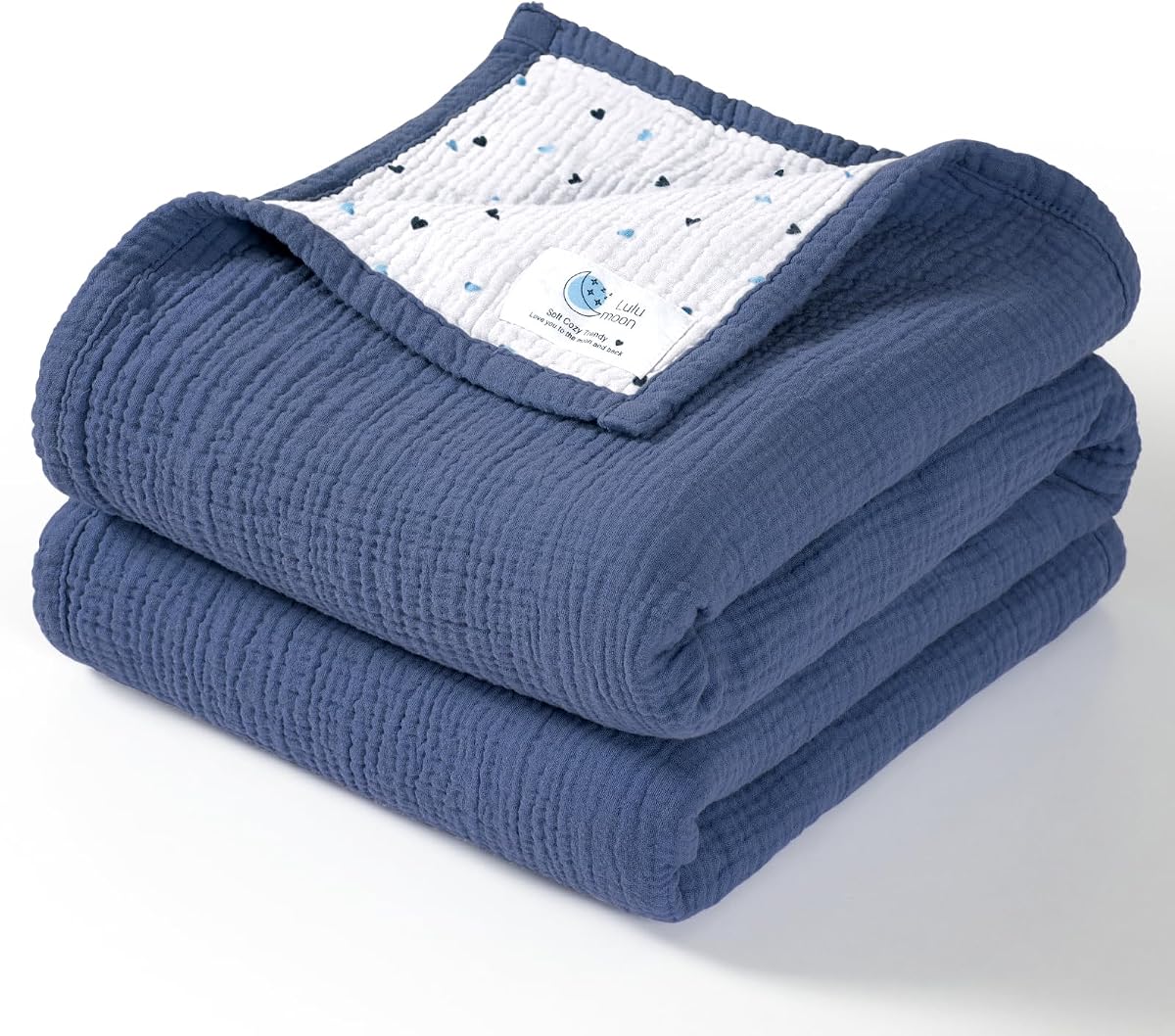 lulumoon Muslin Baby Blanket for Boys: Cotton Toddler Blanket for Daycare | Soft Reversible Crib Bedding for Baby - Lightweight for Naptime, Stroller, Carseat & Travel, 47"x47"(Blue)