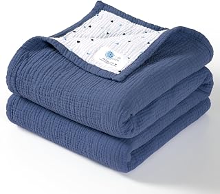 Lulumoon Muslin Baby Blanket 47x47 Inch Reversible Cotton Quilt - Soft Breathable Nursery Crib Blanket for Boys Girls Toddlers (Blue)