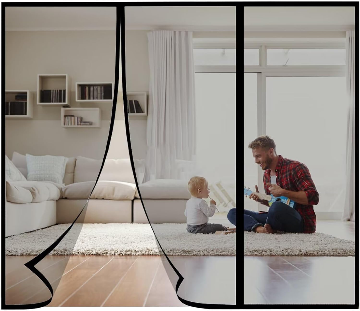 Magnetic Screen Door Fiberglass 135x205cm Magnets Heavy Duty Fiberglass Mesh Curtain with Weights in Bottom-Full Frame Magic Seal Black