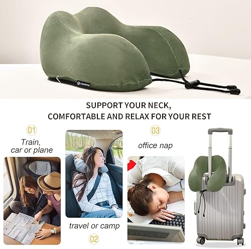 Miniatura 3 de Almohada verde militar del cuello de la espuma de la memoria, con el bolso del almacenamiento del cordón, almohada para el avión