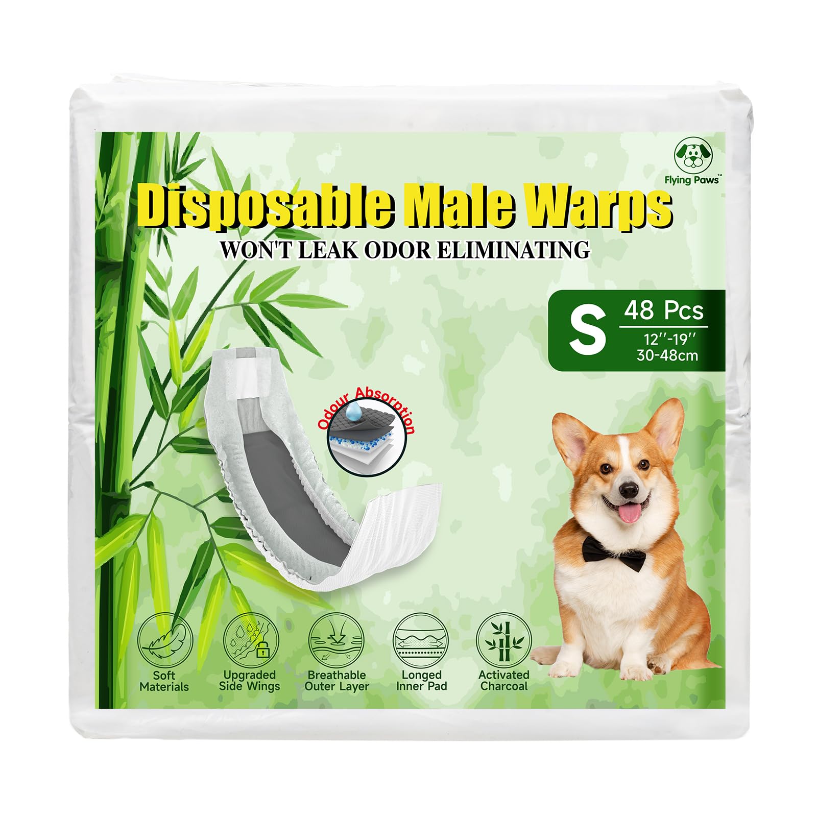 Flying Paws Pannolini per cani maschi, S-48 usa e getta con carbone attivo, neutralizzazione degli odori, pannolini morbidi e traspiranti, pantaloni per incontinenza per cuccioli S-48 Count