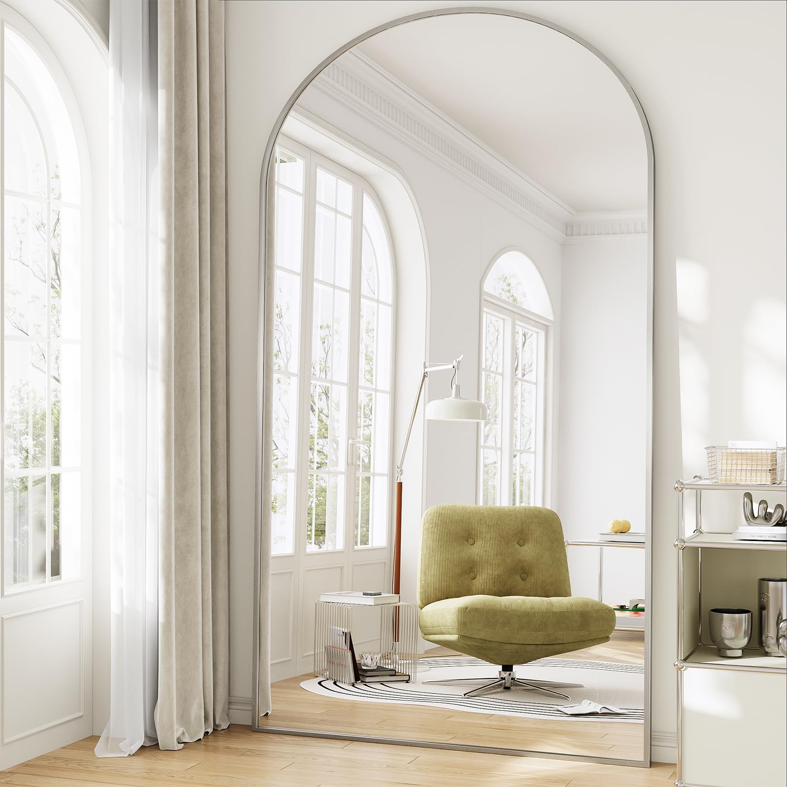 Oversized Full Length Mirror, 41"x81" Large Arched Floor Mirror Full Length with Stand, Room Decor Big Full Body Mirror with HD Tempered Glass Aluminum Frame for Bedroom Living Room, Silver