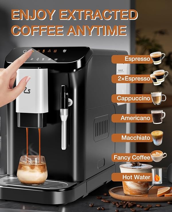 20Bar Fully Automatic Espresso Machine with & Built-in Grinder | Touch Control Coffee Maker for Latte/Cappuccino | Auto-Cleaning & Milk Frother System for Home Baristas, Black by ExploreHorizon - Image 4