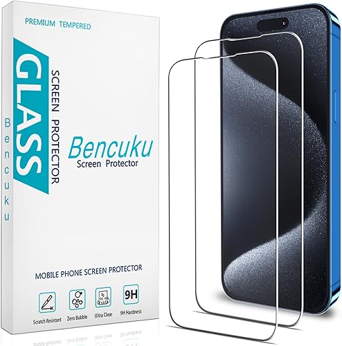 HPTech - Protector de pantalla para iPhone 15 Pro de vidrio templado de 6.1 pulgadas, dureza 9H, fácil de instalar, sin burbujas (paquete de 2)