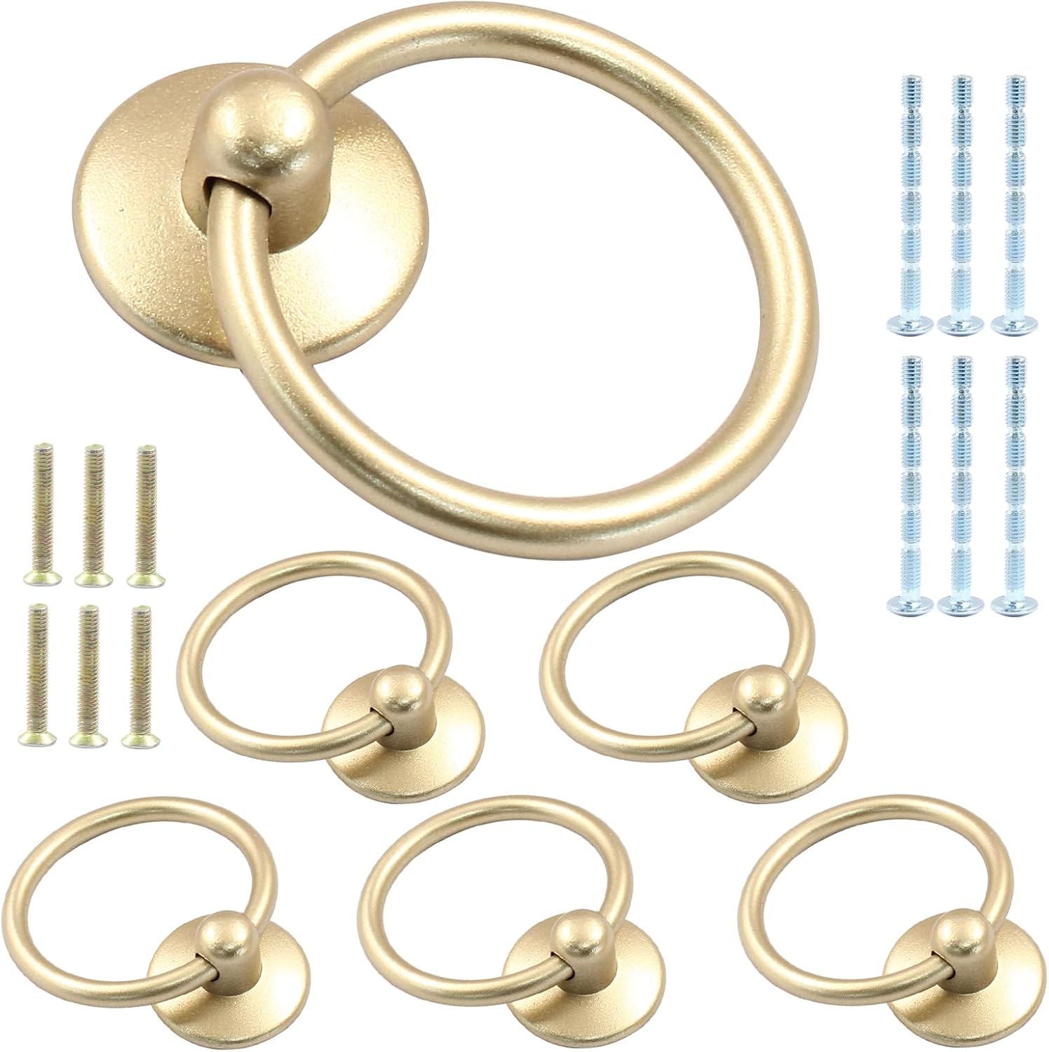 6 Pcs Metal Drawer Ring Knobs, Drop Ring Drawer Pulls,Cabinet Ring Pull Handles Knobs with Screws for Cabinets Dresser Drawers (Gold, 1-3/4 Inch OD)