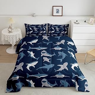 Boys Shark Bedding Set Ocean Sealife Comforter Set for Kids Youth Teens,Under Sea Marine Life Duvet Insert,Underwater World Creature Bed Quilt,Nautical Sea Animal Bedroom Decor Queen Size Navy Blue