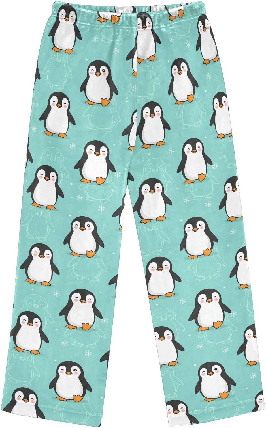 Winter Penguins Snow Blue Pattern Plush Pajama Pants Sleepwear Bottoms Lounge Fleece Pants, S-XL
