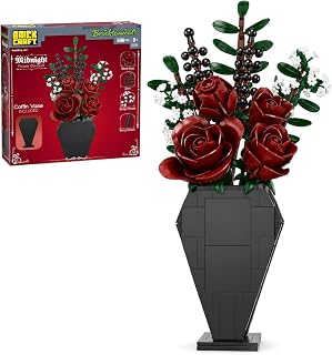 Brickcraft Bricktanicals Midnight Flower Bouquet Building Set, Gothic Blood Rose Halloween Arrangement with Coffin Vase, 596-Piece Building Block Flowers, Goth Home Decor Gift for Her, Girlfriend Wife