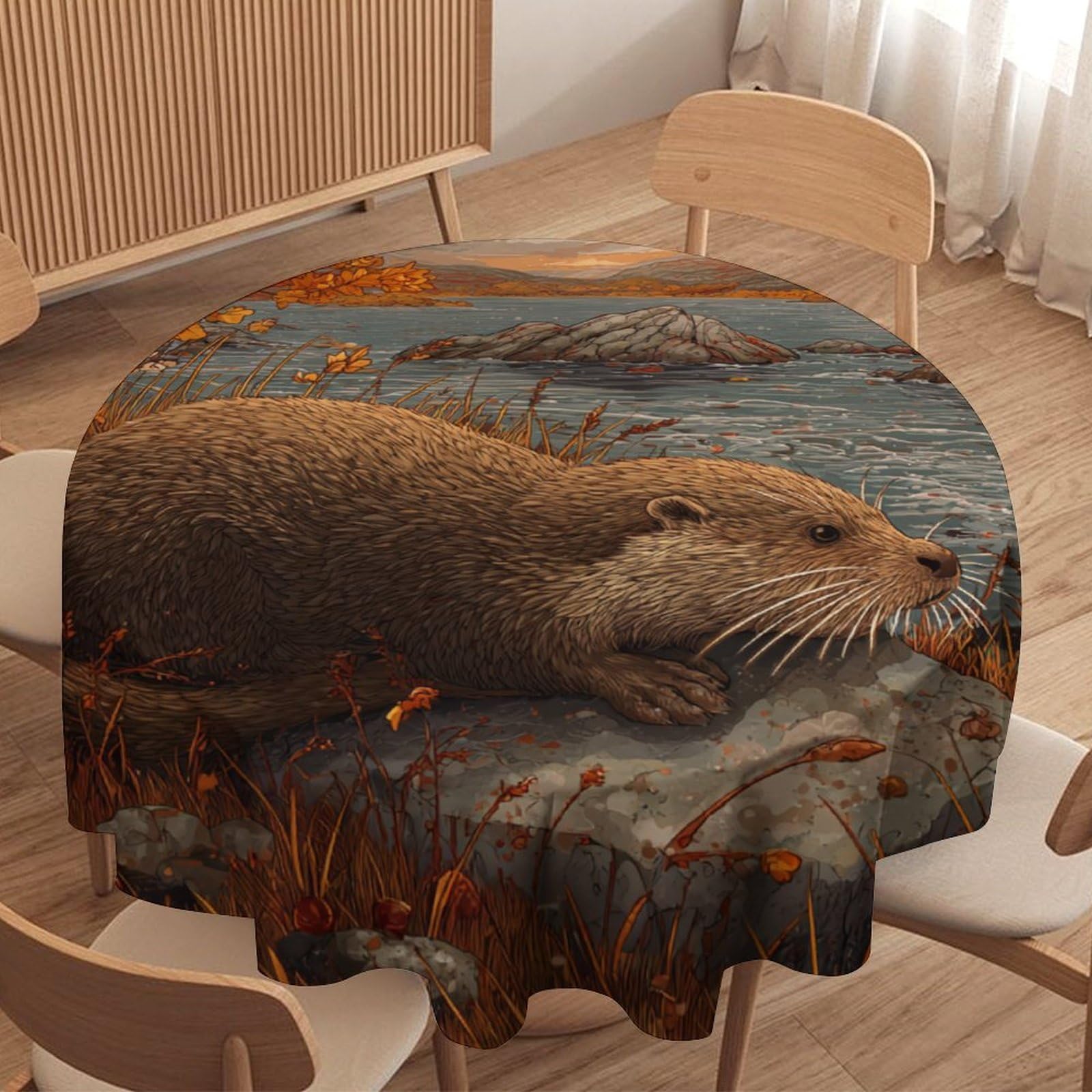 LUYYSKY Cute Abstract Otters Waterproof Round Tablecloth Rustic Aesthetic Autumn Lanscape Maple Leaves Animals Otters Pattern Washable Table Cover for Kitchen-36 Wx36 L