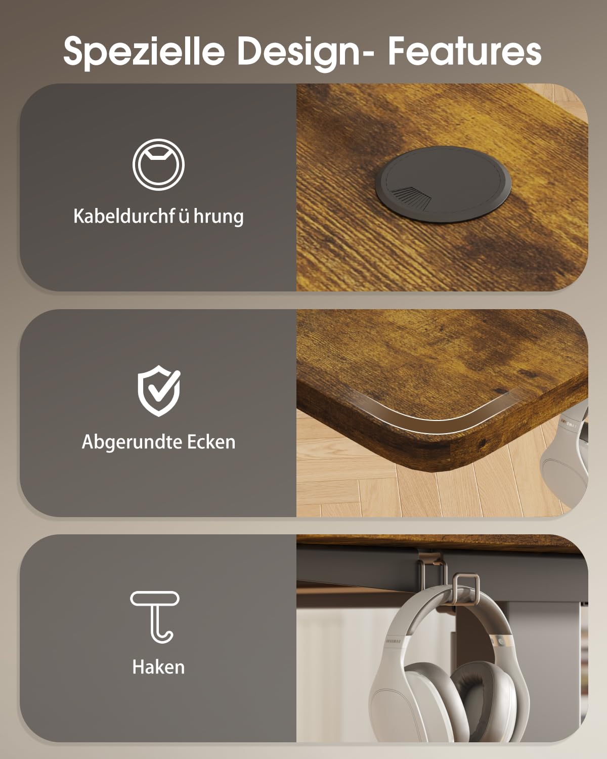 Devoko Höhenverstellbarer Schreibtisch 160×70cm mit Monitorständer | Schreibtisch Höhenverstellbar Elektrisch mit 2 Höhen Memory-Steuerung, Ergonomisches Sitz-Stehpult,Vintagebraun