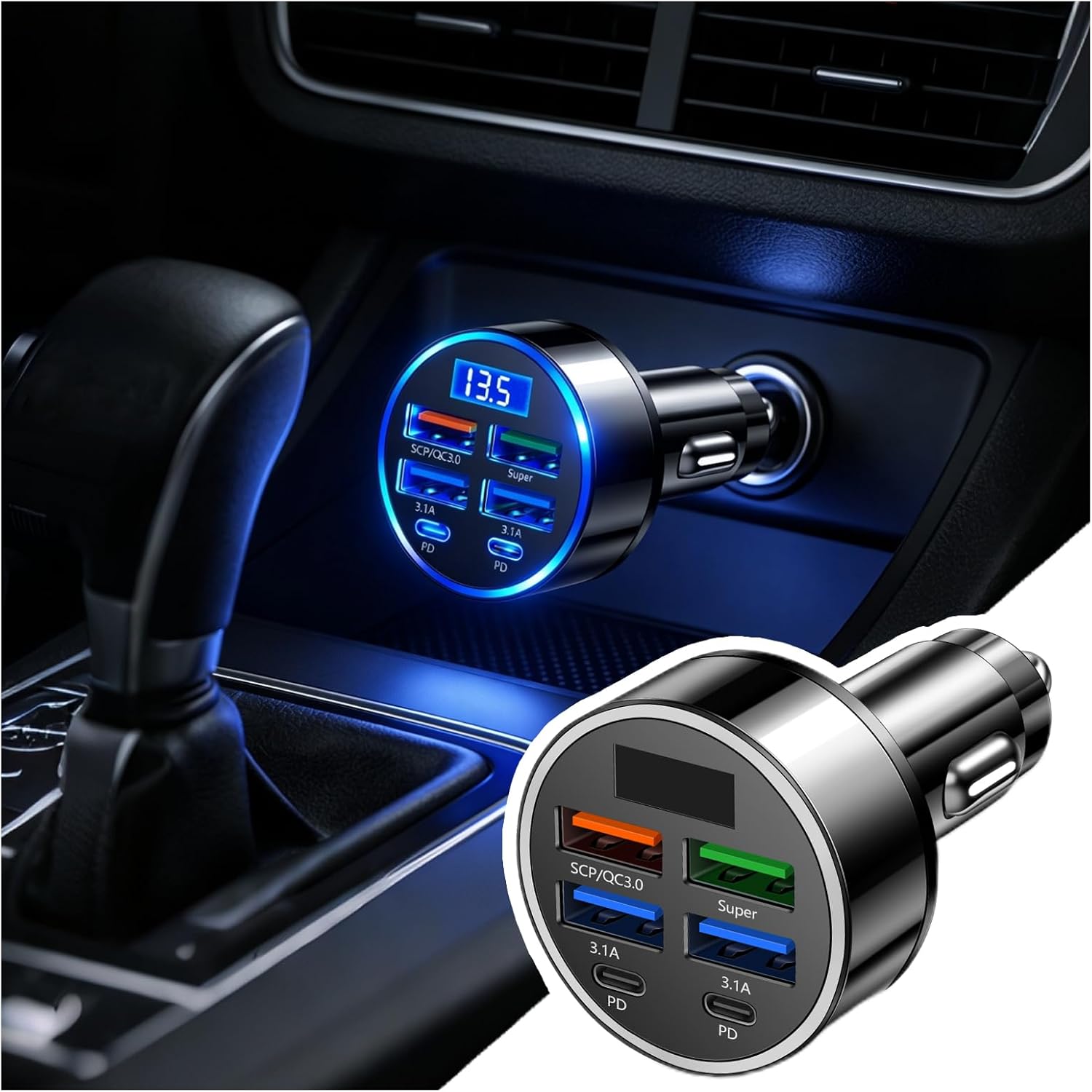 6 Ports Car Cigarette Lighter Adapter,Upgraded Car Cigarette Lighter USB Charger with Super/PD/3.1A/QC3.0 as Vehicle Electronics,24V/12V Cars Charger Adapter with LED Voltage Displ