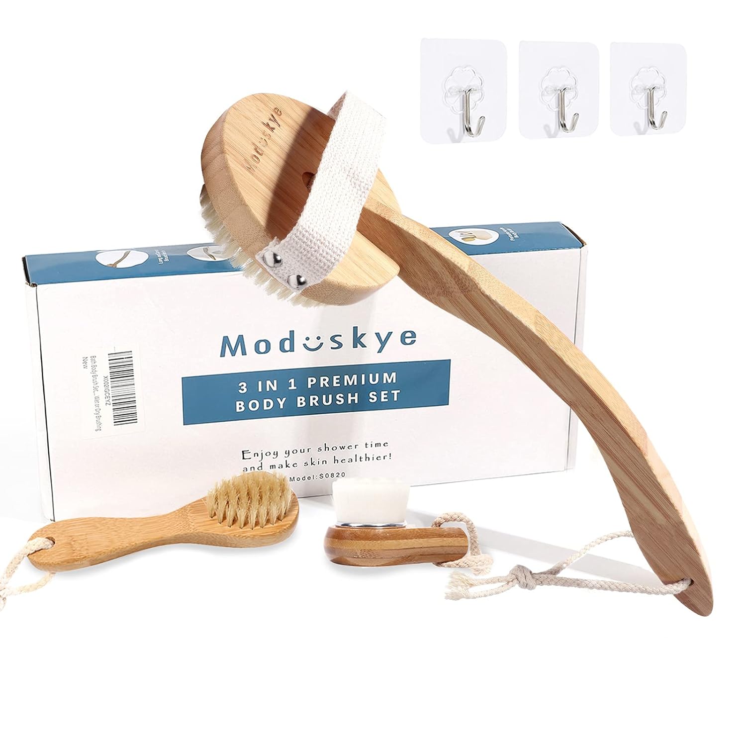 Shower Brush, Moduskye Back Brush with Long Curved Detachable Handle, Bath Body Brush Back Scrubber for Wet Dry Brushing Skin Exfoliating Soft Stiff Bristle Face Brush Wall Hooks Set (Premium Bamboo) : Beauty & Personal Care