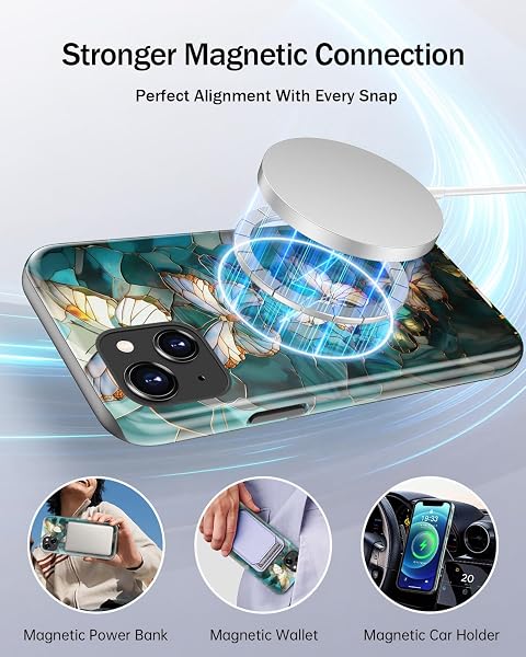 MERRO for iPhone 13 Mini Case,Cute Aesthetic Y2K Phone Cover with Wildflower Designs for Women,Dual-Layer Silicone & Hard Shell Defense,Wireless Charging Compatible - Azure Mosaic Butterfly - 3