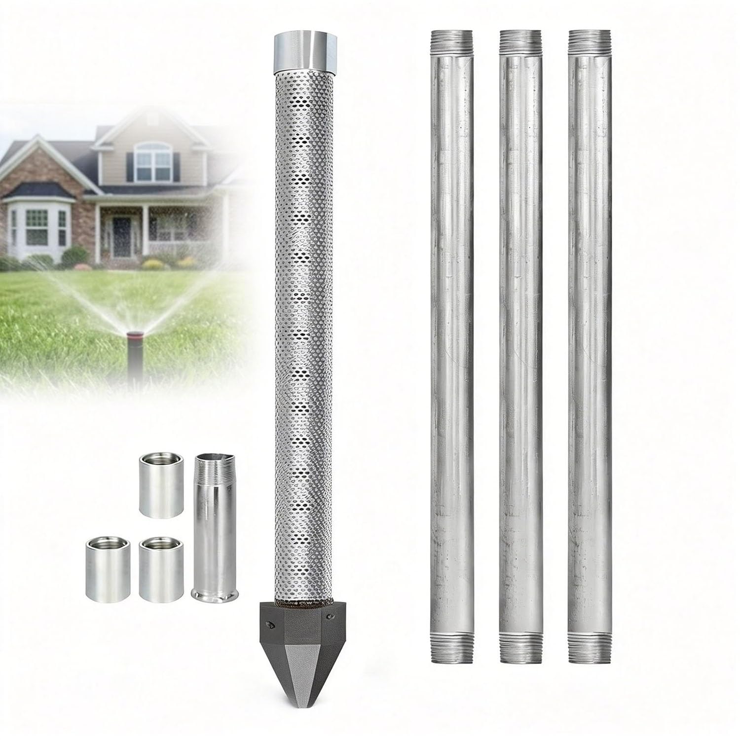 1-1/4 Sand Point Well Kit,36" Stainless Steel Drive Point with 60 Gauge Mesh Screen,Heavy Duty Galvanized Pipes & Couplings for DIY Shallow Well(3+1kit)
