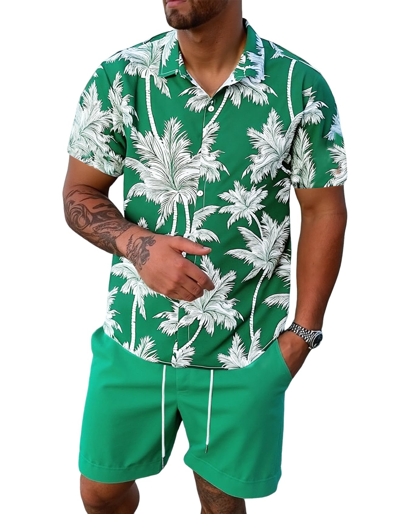 Yimoon Men's Summer 2 Piece Outfits Tropical Print Short Sleeve Button Down Hawaiian Beach Shirt and Shorts Set