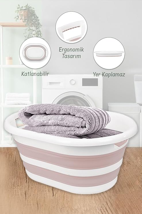 25 Litre Katlanabilir Silikon Çamaşır Sepeti Akordiyon Katlanır Sele Yer Kaplamayan Taşınabilir Ergonomik Kulplu Dayanıklı ve Hafif Depolama Sepeti Banyo ve Ev Kullanımı Kirli Sepeti (PEMBE, 25 LİTRE)