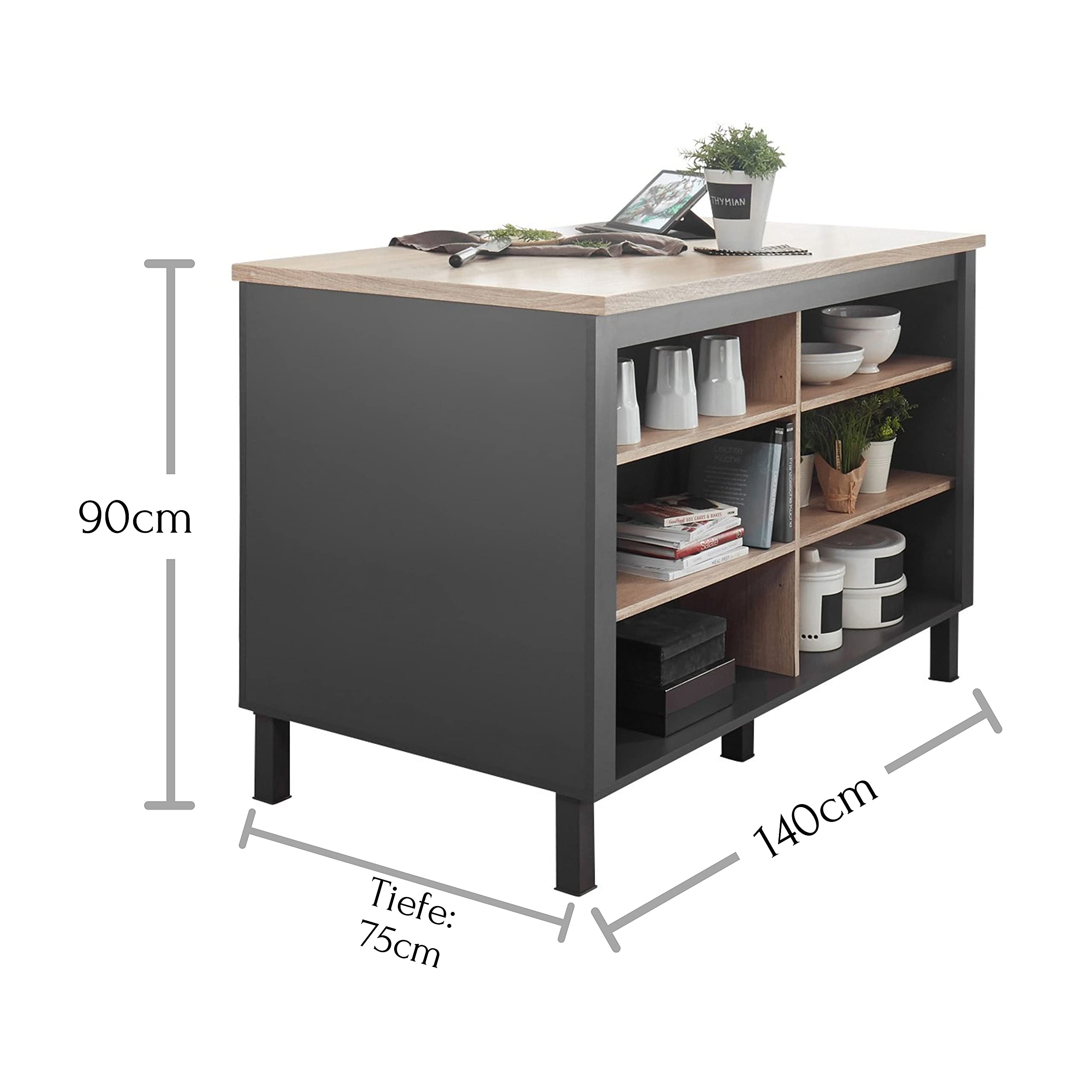 BILBERRY Moderne Kücheninsel mit Arbeitsplatte freistehend in Eiche Sonoma Optik, Anthrazit - Geräumiger Küchenschrank - 140 x 90 x 75 cm (B/H/T)