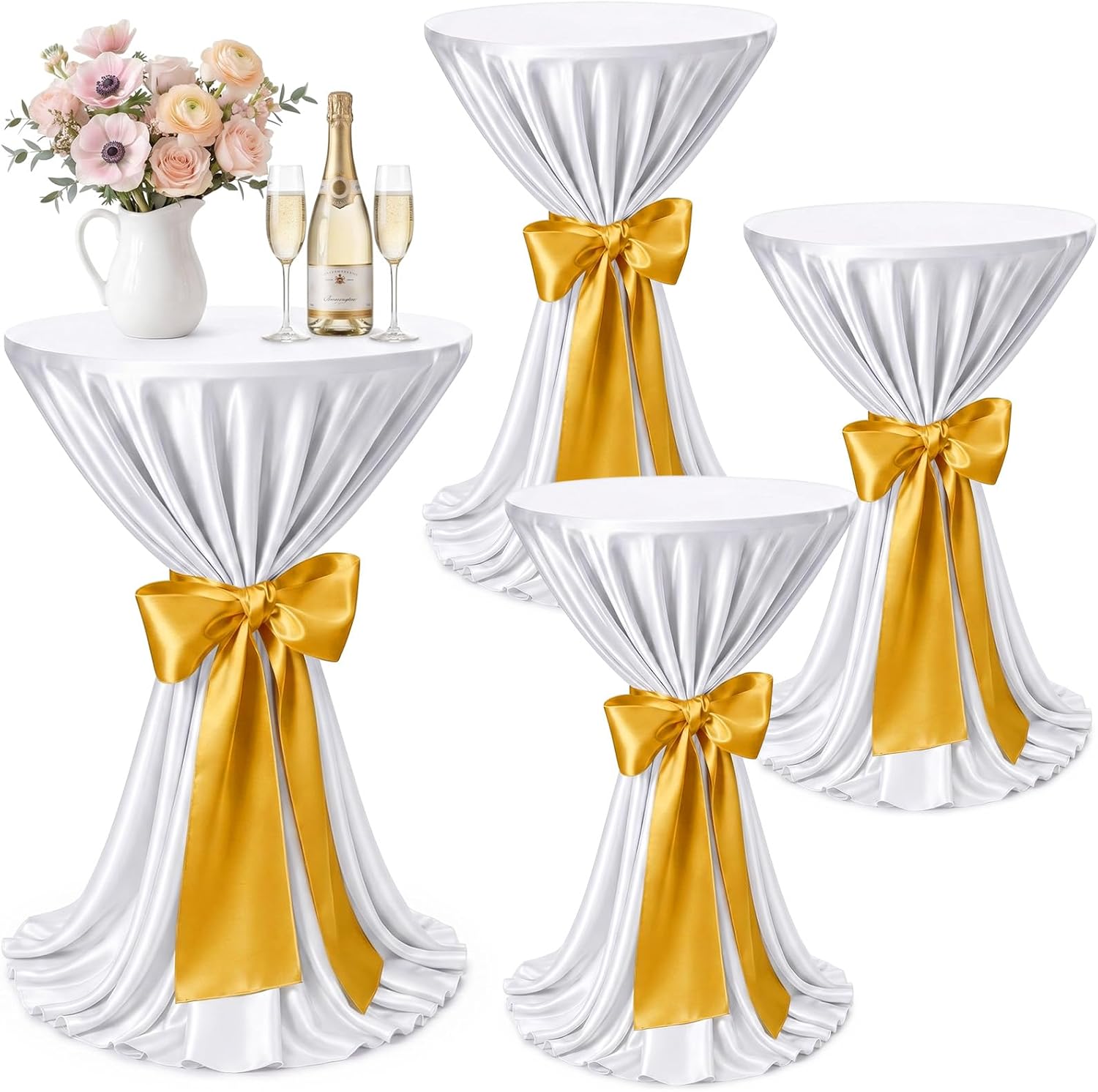 4 Set Cocktail Table Covers 108 Inch Satin,White, Gold | Round Tablecloth Skirt with Gold Sash, Fits 60cm Tables, Elegant Overlay for Wedding Party Banquet, Reusable Satin Fabric