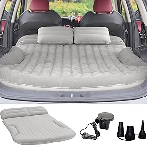 KMZ SUV Air Mattress Thickened and Double-Sided Flocking Travel Camping Bed with 2 Pillows & Electric Pump Dedicated Mobile Cushion Inflatable Bed for SUV Trunk and Rear Seat (Light Gray)