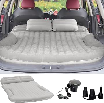 KMZ SUV Air Mattress Thickened and Double-Sided Flocking Travel Camping Bed with 2 Pillows & Pump Dedicated Mobile Cushion Inflatable Bed for SUV Trunk and Rear Seat Light Gray