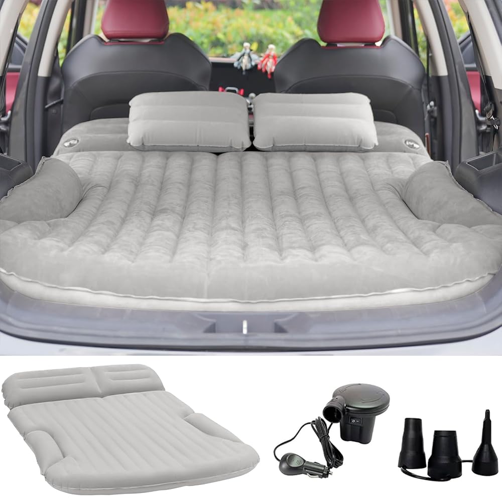 KMZ SUV Air Mattress Thickened and Double-Sided Flocking Travel Camping Bed with 2 Pillows & Electric Pump Dedicated Mobile Cushion Inflatable Bed for SUV Trunk and Rear Seat (Light Gray)