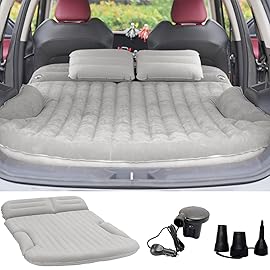 KMZ SUV Air Mattress Thickened and Double-Sided Flocking Travel Camping Bed with 2 Pillows & Electric Pump Dedicated Mobile Cushion Inflatable Bed for SUV Trunk and Rear Seat (Light Gray)