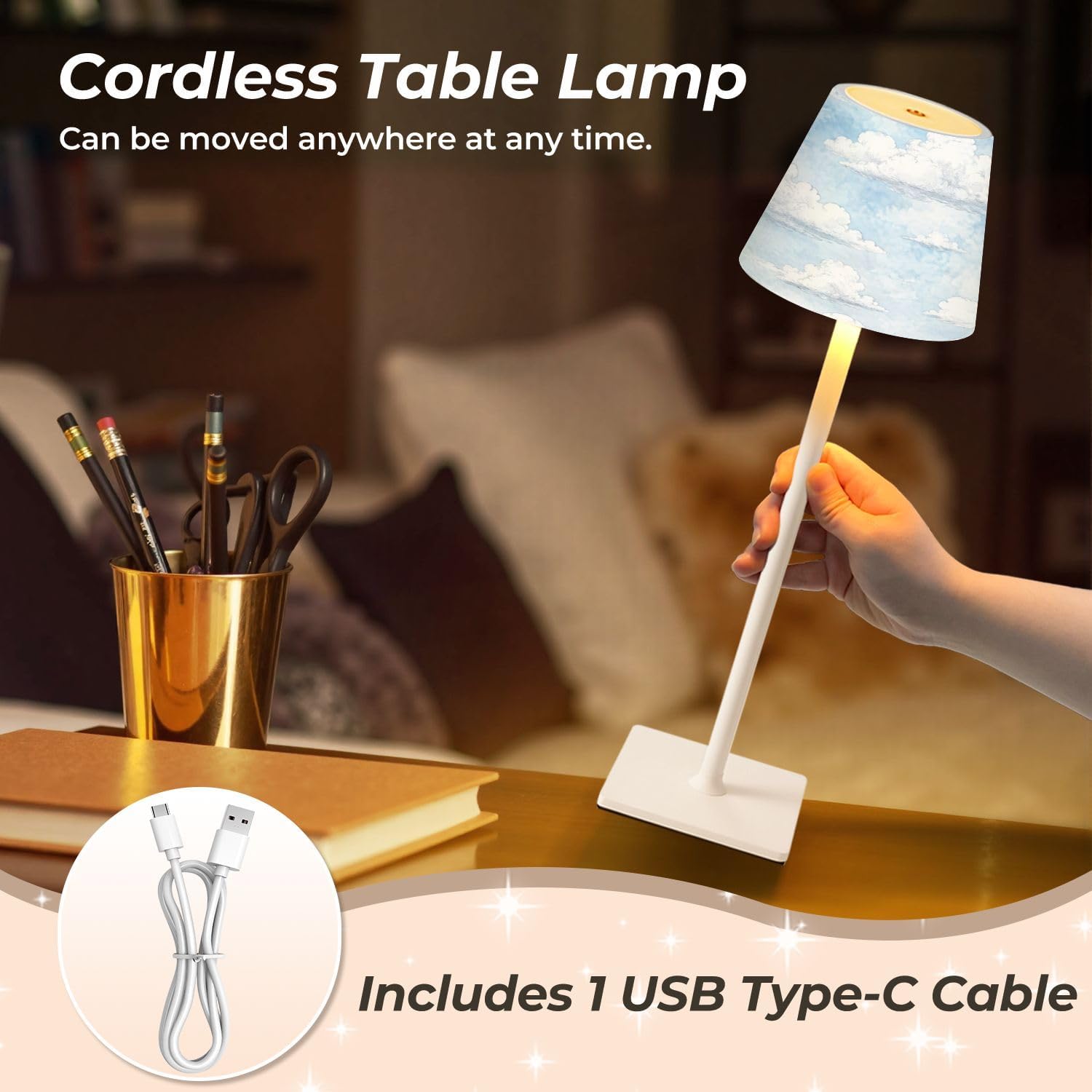 Mahjong Cordless Table Lamp Hand Drawn Cloud Vintage Aesthetic Soft Blue White LED Desk Lamps Rechargeable 3 Color Dimming Outdoor for Mah Jong Table Nightstand Living Room Gift image 5