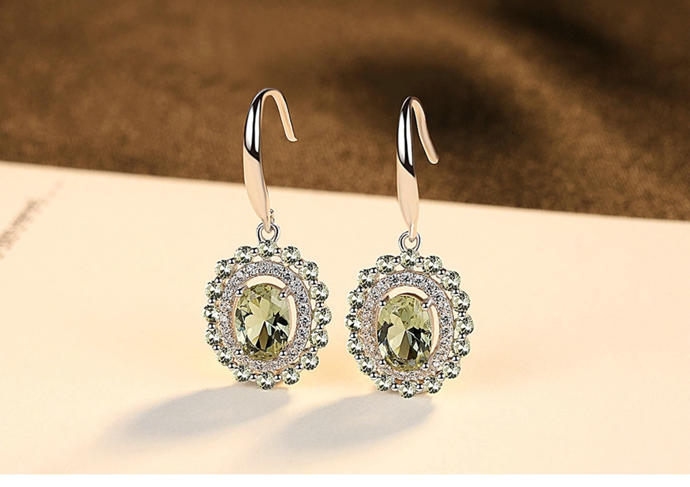Hängeohrringe Aesthetic, Ohrring Damen Silber 925 Olivgrün 5x7mm Zirkonia Ovale Form Olivgrüner Zirkonia Ohringe Valentinstag Geschenk 29x12mm
