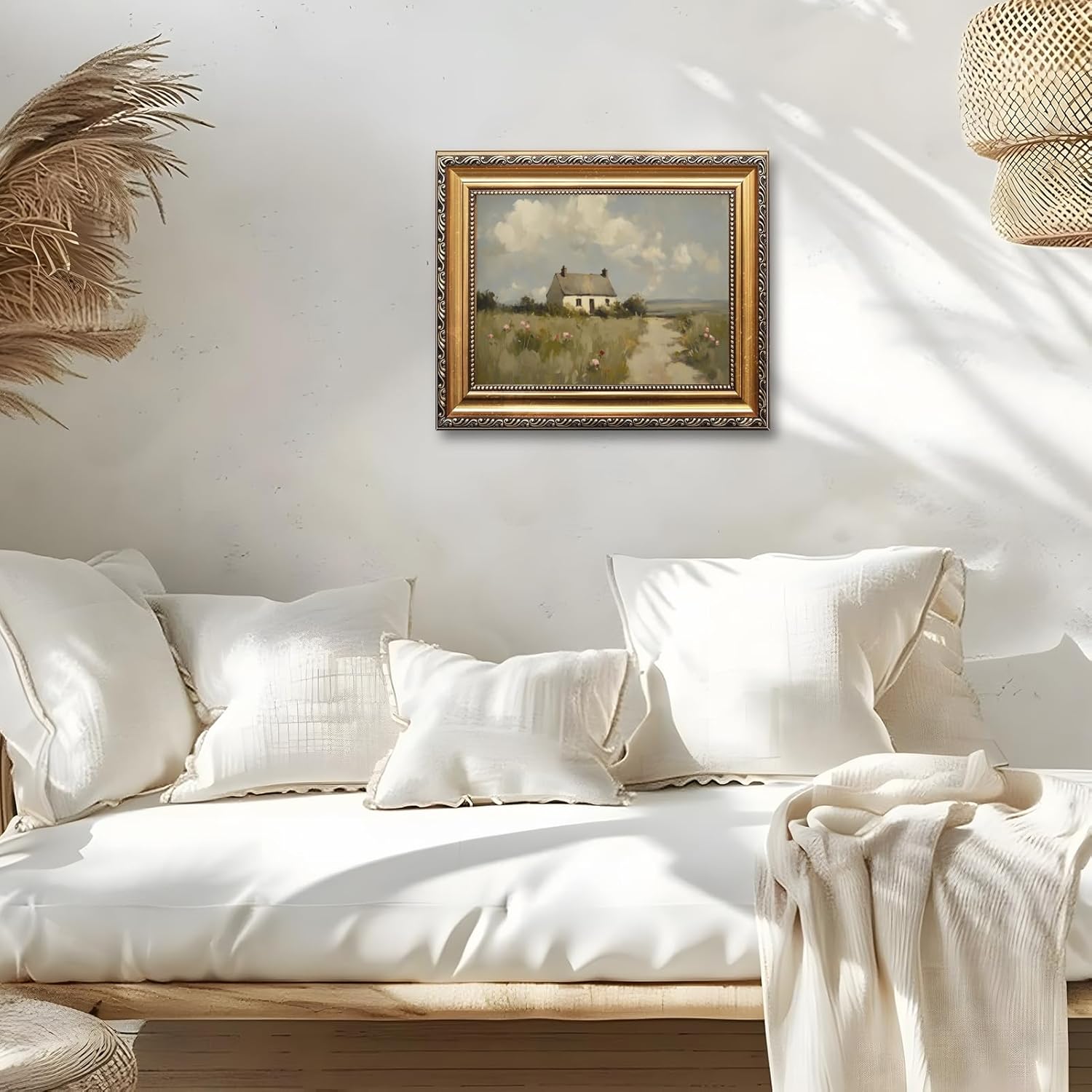 Gold Framed English Countryside Cottage Wall Art Rustic Farmhouse Landscape Canvas Print Poster Vintage Country Home Painting Cozy Cottagecore Picture Decor for Living Room Bedroom 12x16inch