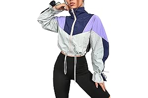 90s Women's Colorblock Long Sleeve Drawstring Hem Zipper Up Windbreaker Jacket