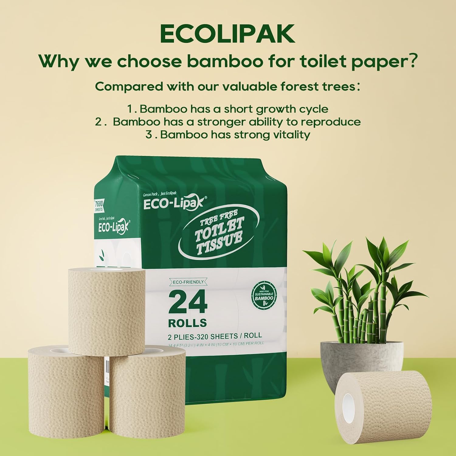 ECOLipak Bamboo Toilet Paper, Septic Safe Toilet Tissue, 24 Double Rolls, 320 Sheets Per Roll, Tree Free, Non Toxic, 2 Ply, Soft and Absorbent, Eco Friendly Dye-Free Paper, Nature