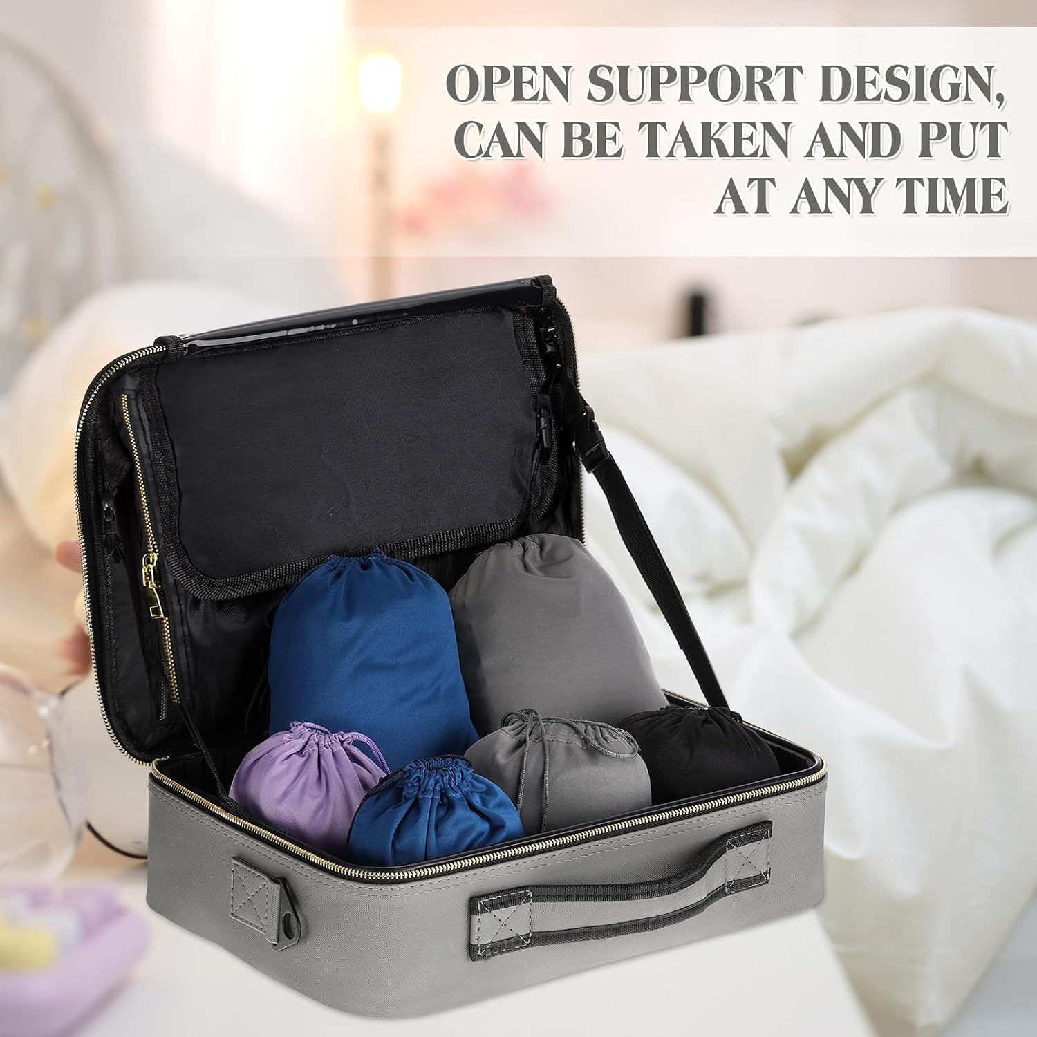 Eccliy Locking Adult Toy Bag Box Game Toys Storage Organizer with 20 Different Size Drawstring Bags Toy Storage Case for Women and Men(Gray,15.75 x 11.42 x 4.3 Inches)