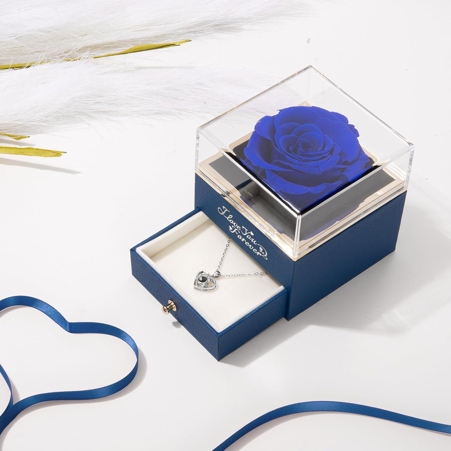 ASELFAD Preserved Real Rose with Heart Necklace -I Love You Forever Eternal Rose for Her, Mothers Day Gifts for Mom, Wife, Anniversary or Birthday Gifts for Women, Blue