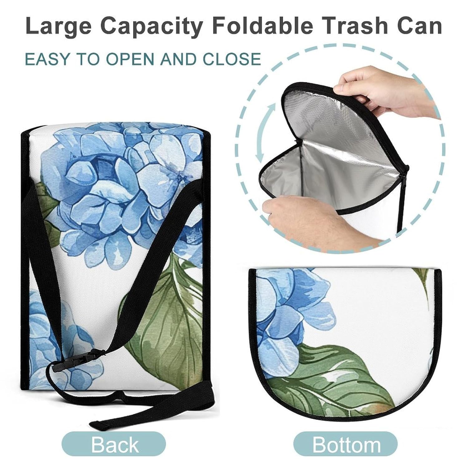 Blue Hydrangea Pattern Car Trash Can with Lid Collapsible Hanging Vehicle Trash Bag Waterproof Car Garbage Bags