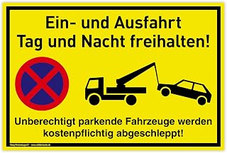 Schild Ein- und Ausfahrt | 30 x 20 cm | wetterfestes PVC-Schild mit UV-Schutz | signalgelb | Tag und Nacht freihalten Unberechtigt parkende Fahrzeuge werden kostenpflichtig abgeschleppt