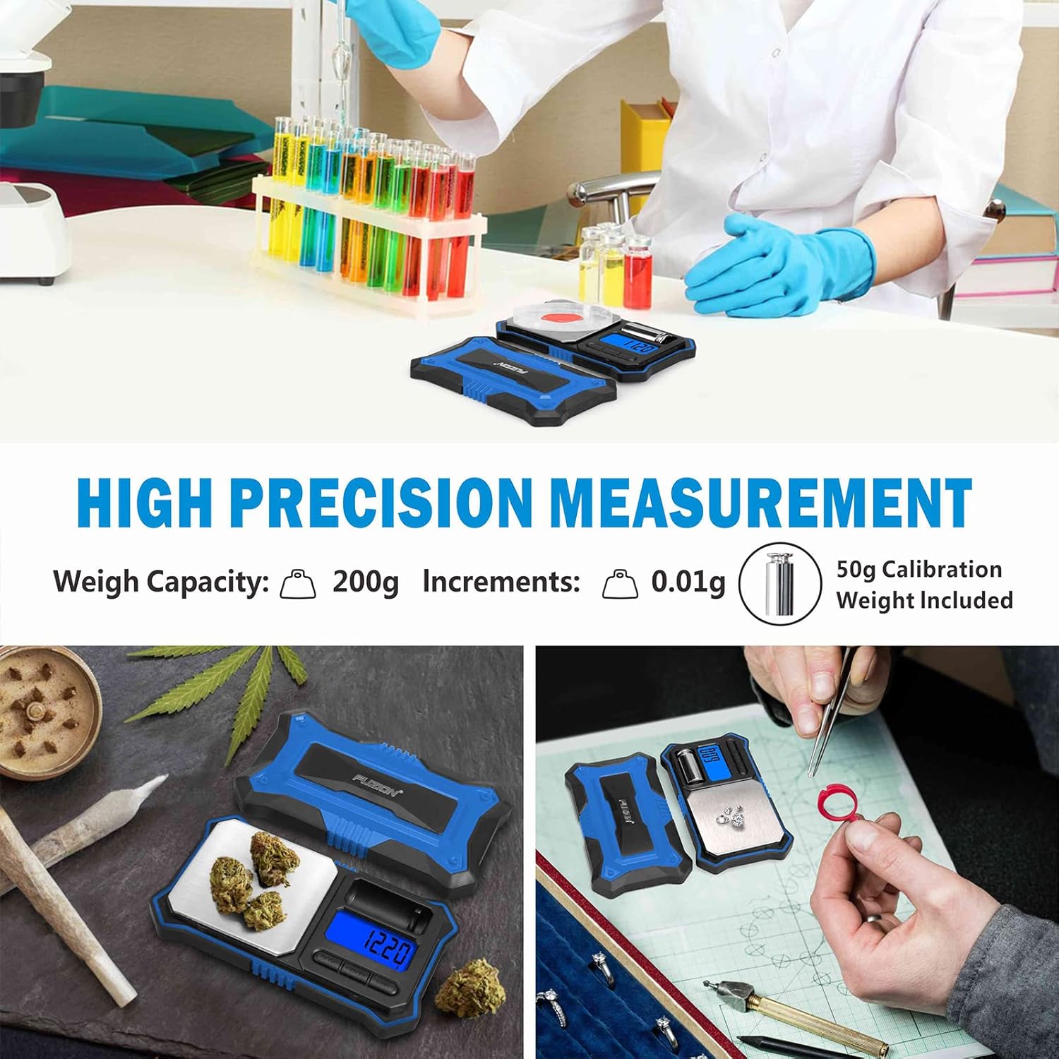 Image showing the Fuzion Digital Pocket Scale being used for weighing jewelry, herbs, and in a lab setting, highlighting its high precision measurement.