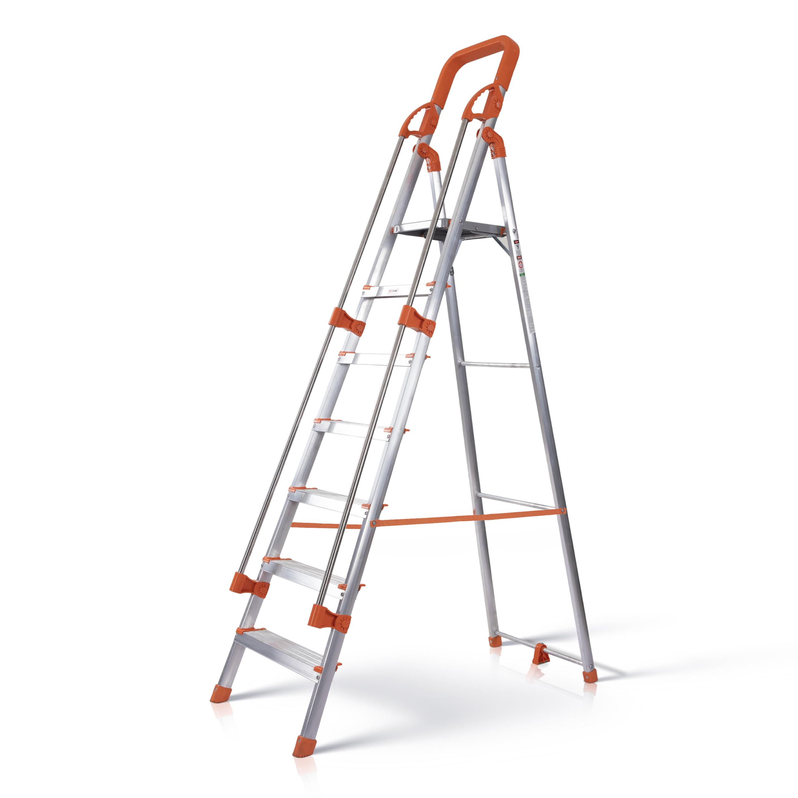HOUZA Aluminium Ladder for Home 7 Steps Foldable with Railing & Anti-Skid Wide Steps | 7 Step Ladder for Home Use, Kitchen & Household | 250 Kg Load Capacity Folding Ladder | 5 Year Warranty (Orange)