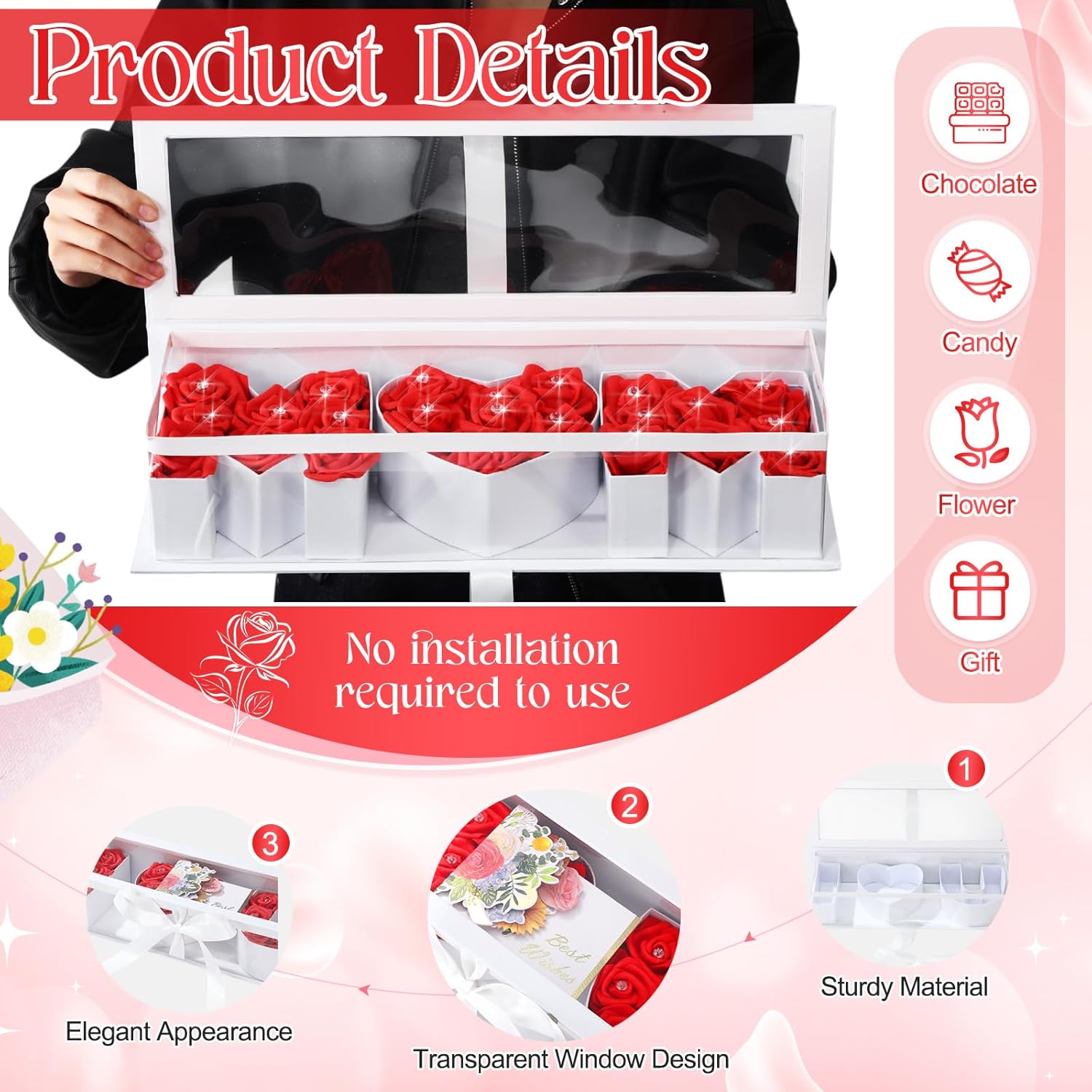Fuyoooo 2 Set I Love You and Mom Letter Boxes Empty for Mothers Day DIY Fillable Chocolate Candy Flower Gift Packaging 17.52x6.1x3.82 Inch with 50 Roses 50 Bouquet Pins 2 3D Greeting Cards(White)