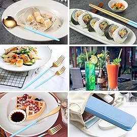 AARainbow 8 Pieces Stainless Steel Flatware Set Portable Reusable Cutlery Set Travel Utensils Set Including Chopsticks Knife Fork Spoon Straws Cleaning Brush Dishwasher Safe (Light blue Golden)