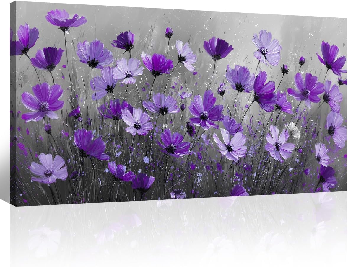 BewDalky Large Wildflower Canvas Wall Art Purple Daisy Flower Wall Decor Painting Prints Modern Farmhouse Nature Floral Botanical Landscape Pictures Artwork for Living Room Bedroom 12" x 24" Framed