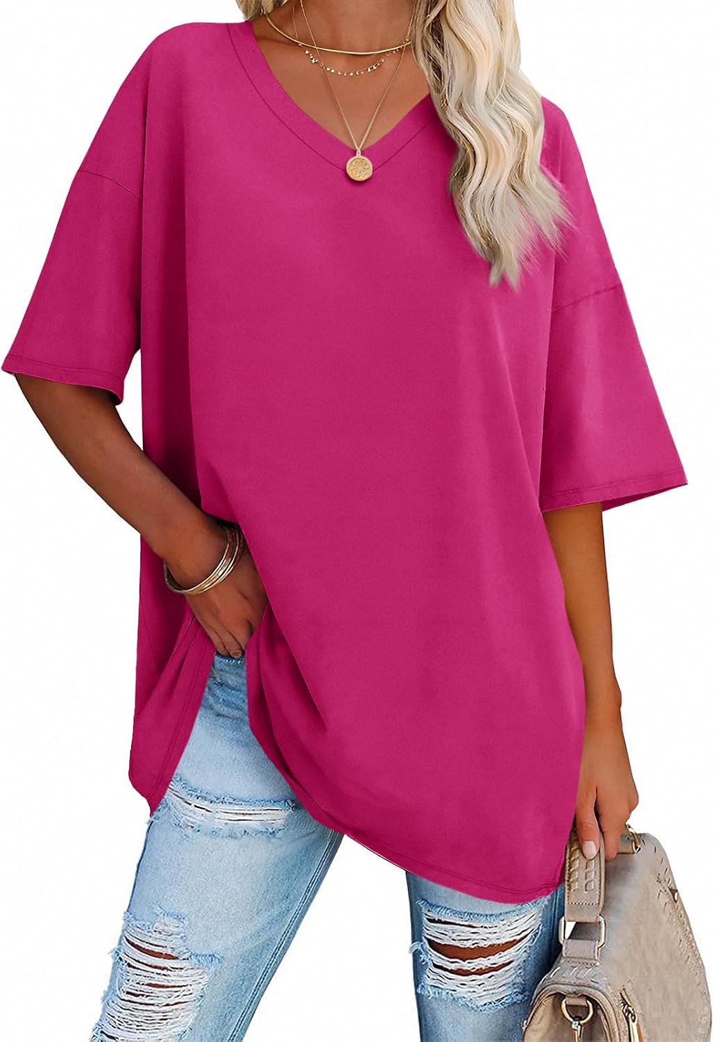 Ebifin Womens Oversized Tshirts V Neck Tee Shirts Half Sleeve Loose Fit T Shirt Cotton Tunic Tops