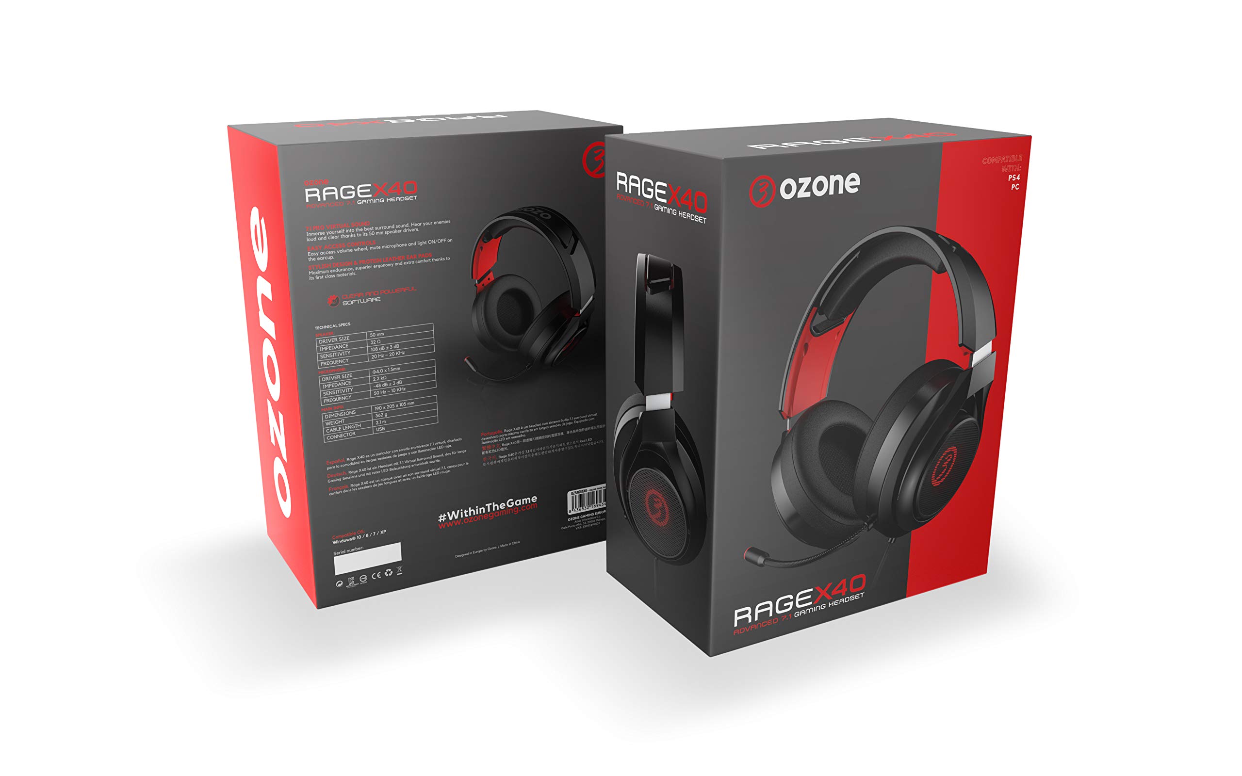 Cascos Gaming Ozone Rage X40 - Auriculares con microfono - Sonido 7.1 Virtual, Software, Altavoces 50m, LED rojo, Diadema Ajustable, Controlador, Compatible PS4, Ergonomico, Negro