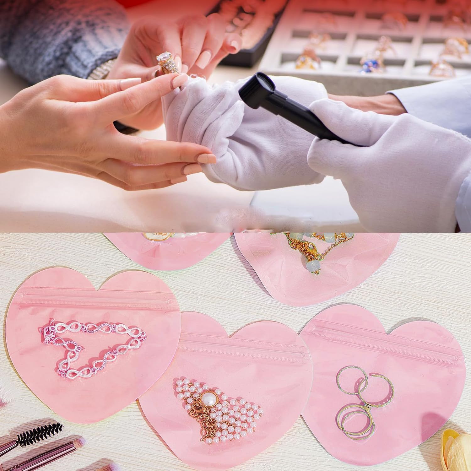 GBSTORE 50Pcs Pink Heart Shaped Jewelry Self Sealing Bag Clear Resealable Zipper Packaging Pouches Small Jewelry Storage Bags for Rings Necklaces Earrings Bracelets Small Accessories