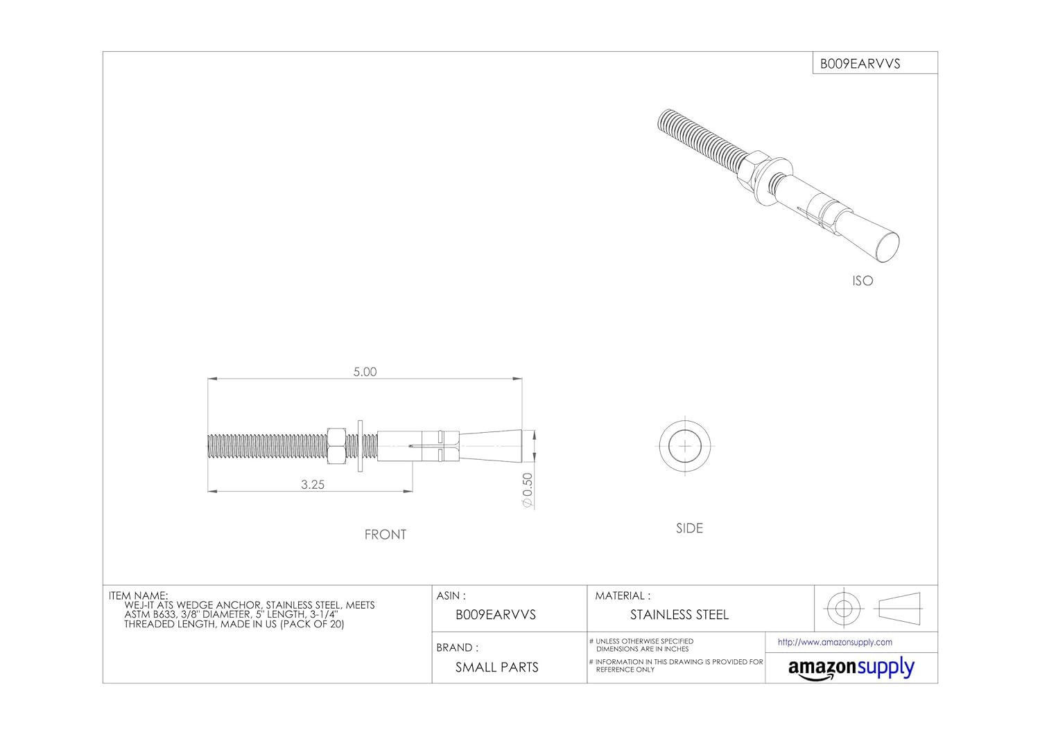 Ankr-TITE ATS Wedge Anchor, 304 Stainless Steel, Meets QQZ-325Z Type II Class 3 and GSA FFS-325 Group II Type 4 Class 1 Specifications, 3/8 Diameter, 2-3/4 Length, 1-1/2 Threaded Length (Pack Of 20
