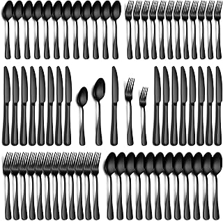 60 Piece Black Silverware Set, Stainless Steel Flatware Set for 12 Food Grade Cutlery Utensil Set Include Knife Fork Spoon Mirror Polished Dishwasher Safe