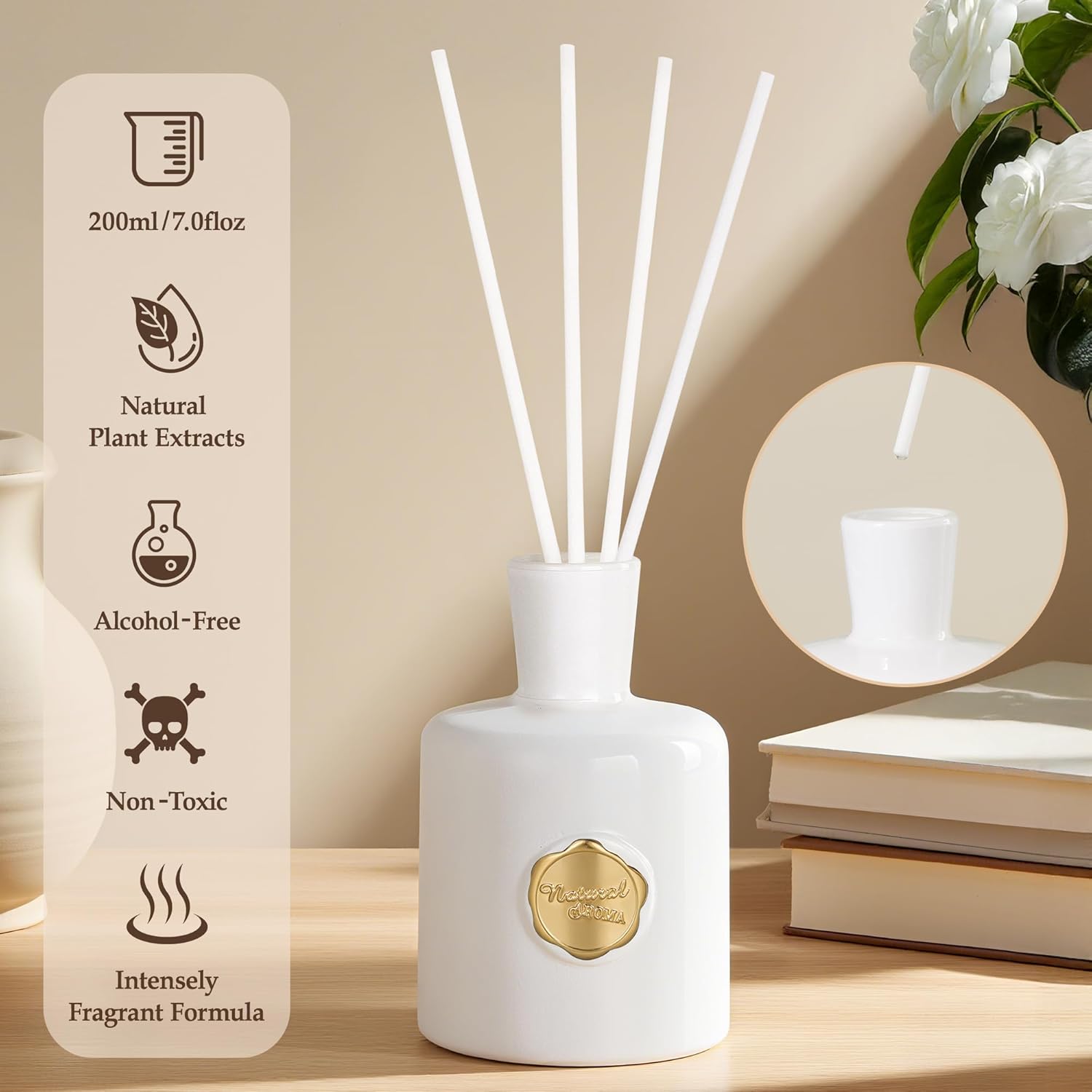 XEPTLE Reed Diffuser Set, 7.04 oz Creamy Gardenia Scent Diffuser with 5 Sticks, Long Lasting Air Freshener, Essential Oil Reed Diffuser, Home Fragrance for Office, Bathroom Shelf Decor, White - Image 3
