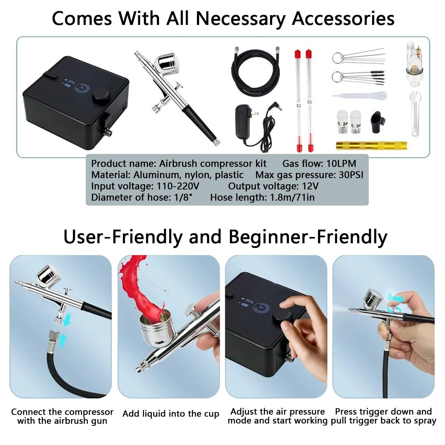 Kit aerografo con compressore, set di aerografo a doppia azione per pittura, trucco, unghie e decorazione di torte, include ugelli multipli