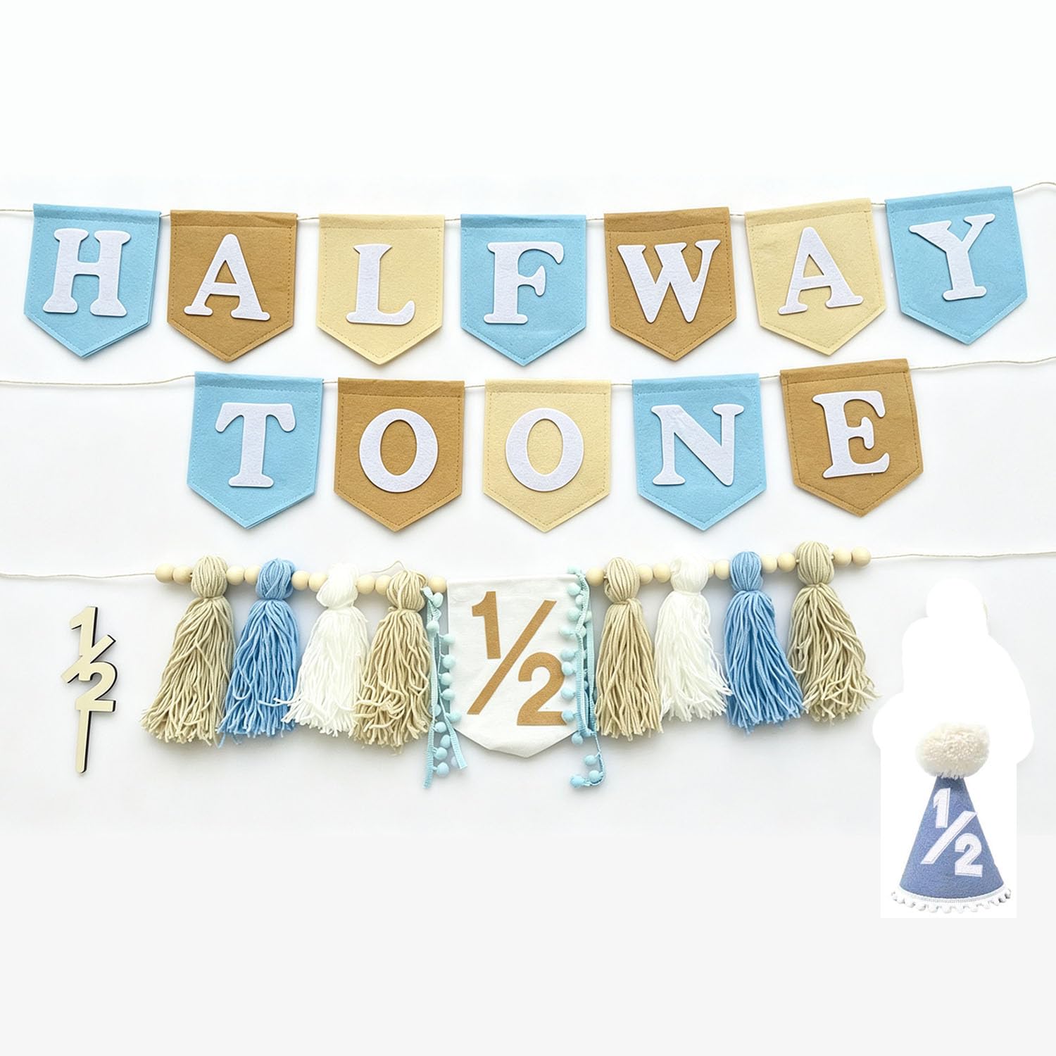 1st Birthday Highchair Banner Decorations For First Boys Khaki Cone Hat With One Cake Topper Photo Backdrop (Half Kahaki 7)